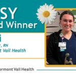 DAISY Award Winner announcement for Calli Pimple, RN at Stormont Vail Health NICU, featuring certificate, award statue, and decorative daisies on a teal and white background.
