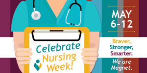 A graphic of a nurse holding a clipboard that says celebrate nursing week!