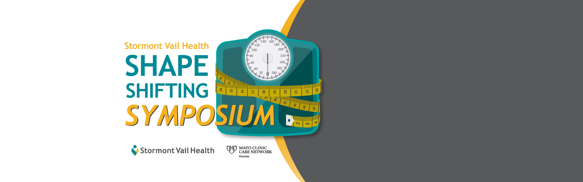 a graphic of a scale with a tape measure around it with text about stormont vail health shape shifting symposium