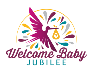 Welcome Baby Jubilee logo featuring an icon of stork carrying a baby surrounded by colorful celebratory accents.