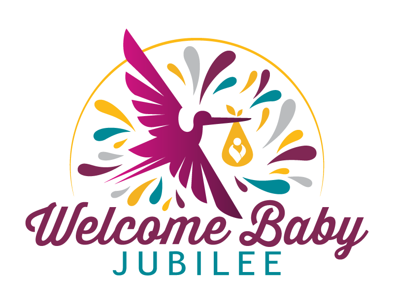 Welcome Baby Jubilee logo featuring an icon of stork carrying a baby surrounded by colorful celebratory accents.