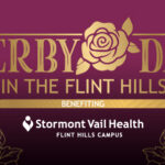 Derby Day in the Flint Hills graphic with gold text and roses on maroon background with Stormont Vail Health logo.