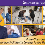 Collage with man in suit and healthcare training scenes, Stormont Vail Health and Kansas State University partnership headline.