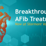 Illustration of a human heart with text promoting breakthrough AFib treatment now available at Stormont Vail Health, featuring teal background and heartbeat graphic.