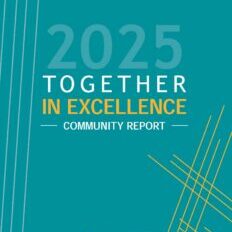 2025 Together in Excellence Community Report graphic with teal background, abstract lines, and Stormont Vail Health logo.