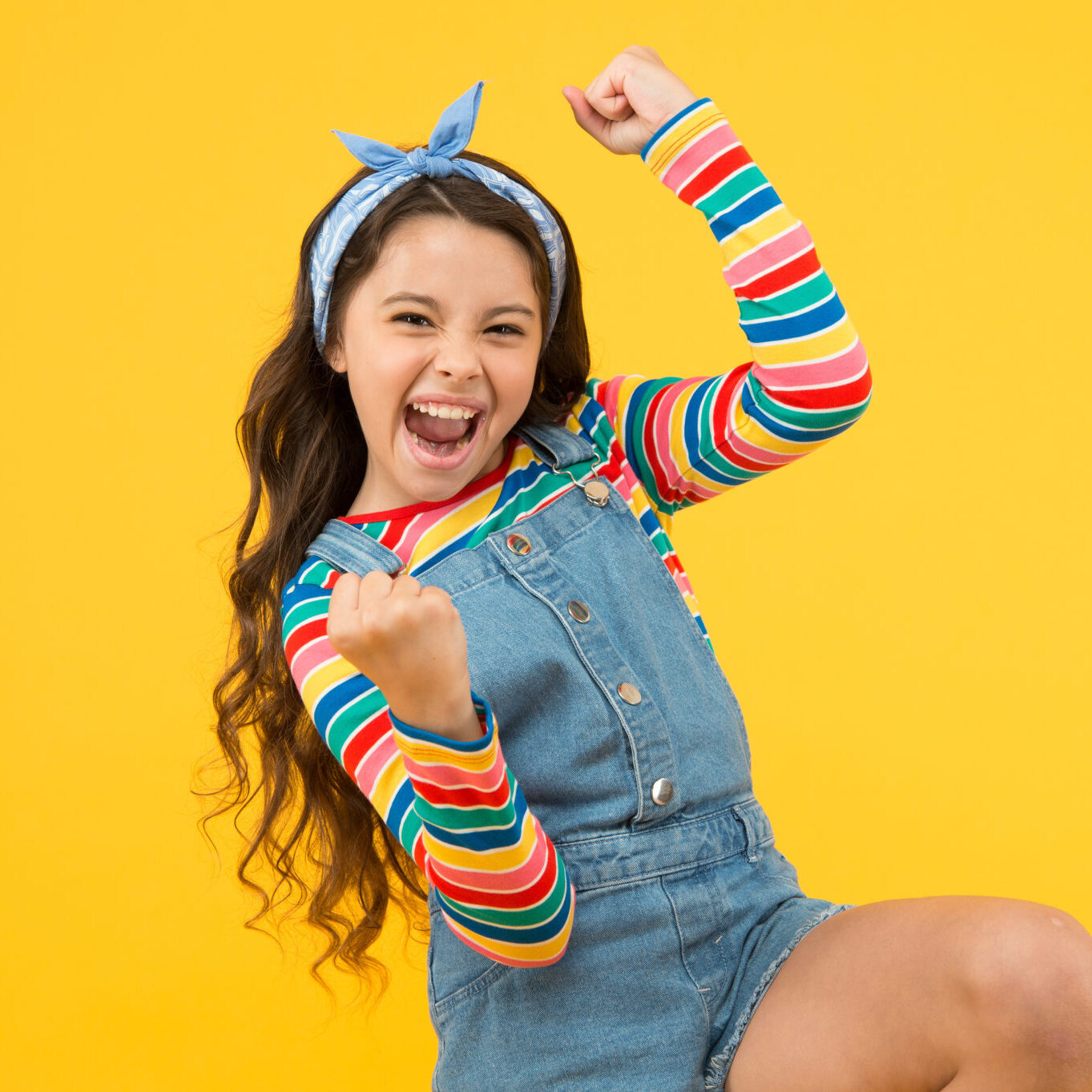 summer vacation joy. little child yellow background. old fashioned handkerchief for kid. beauty and fashion. small girl long hair. happy childhood. retro girl express happiness. feeling great success.